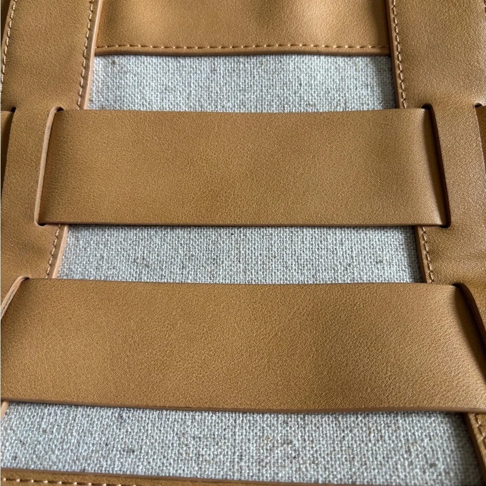 MIZTIQUE TAN NATURAL FAUX LEATHER AND CANVAS HAND BAG ZIP CLOSURE POCKET INSIDE